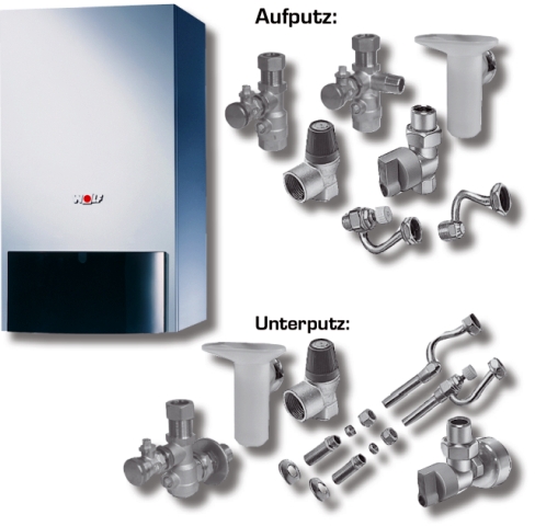 Wolf Paket Heizwerttherme CGU-2K-18 Erdgas LL, RM-2, Anschluss-Set Unterput